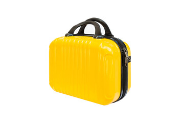 hand holding yellow suitcase  on white background.Time to Travel  around the world, Road trip vacation. Tourism or Journey concept.