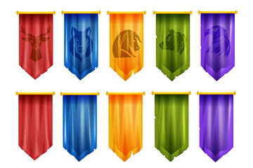 Game team flag set, vector medieval battle UI cloth banner, knight royal pennant, eSport victory logo. Heraldic coat of arms sign kit, user interface league animal mascots. Ancient fantasy game flag