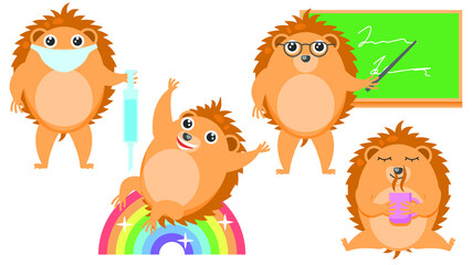 Obraz premium Set Abstract Collection Flat Cartoon Different Animal Hedgehogs Drinking Tea, Masked Doctor With Syringe, Teacher Near The Blackboard, Rides A Rainbow Vector Design Style Elements Fauna Wildlife