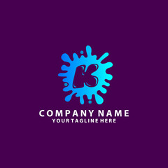 Initial Letter K Logo Icon Abstract Ink Splatter. Purple splash with hidden letter logo icon vector design concept