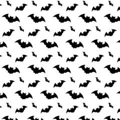 set of silhouettes of animals. Monochrome seamless pattern with soaring bats. Halloween black bat icon .vector Halloween background.Flying night creatures illustration.