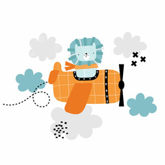 Vector hand-drawn illustration of a cute funny lion flying in an airplane, clouds and crosses. Animal pilots. Greeting card, print, poster design for kids. Trendy scandinavian character.