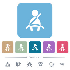 Car seat belt warning indicator flat icons on color rounded square backgrounds