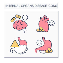 Internal organs disease color icons set. Diagnostic and special medical treatment for affected brain, heart and stomach. Healthcare concept. Isolated vector illustrations