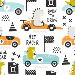 Vector hand-drawn seamless childish pattern with cute funny dinosaur rides in a racing car on a white background. Kids texture for fabric, wrapping, textile, wallpaper, apparel. Scandinavian design. © ZHUKO