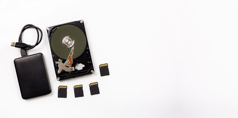 computer and hard disk device on white background