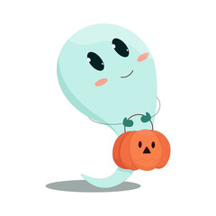 cute halloween ghost with a small pumpkin in his hands