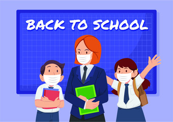 Social distancing at school after pandemic. Back to school concept after epidemic. Kids wearing face masks and maintaining safe distance. New normal scene for children.