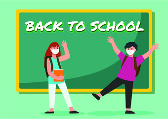 Social distancing at school after pandemic. Back to school concept after epidemic. Kids wearing face masks and maintaining safe distance. New normal scene for children.