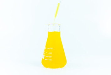 yellow science experiment glass tube,tubes of yellow liquid on white background