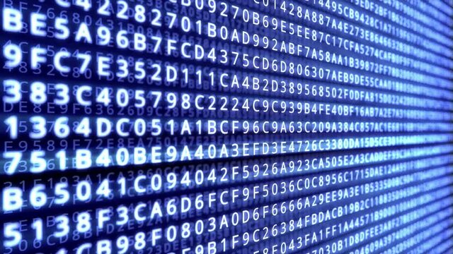 Infinite grid of blue shiny hexadecimal random numbers. Data analysis, big data, information technologies concept.