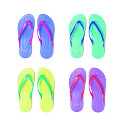 Set with different colorful flip flops on white background, top view