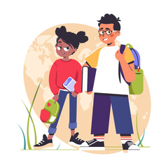 Diverse boy and girl with backpack or bag going to elementary, middle school vector illustration. Happy pupils holding books. Back to school, school supplies, first grader gathering. Day of knowledge.