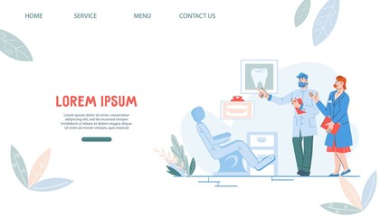 Dental clinic website or landing page template with cartoon dentists greeting patients, flat vector illustration. Dentistry service advertising web page layout.