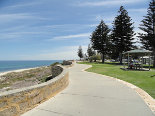 Curvy sidewalk next to the beach. Blue sky, clouds and pine trees. View of the sea and the grass. Cottesloe, Australia.