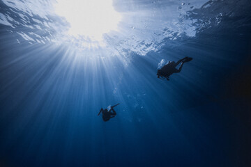 Fototapeta na wymiar Scuba Divers swimming in to the blue crystal water under sunlights 