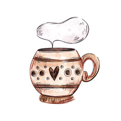 watercolor illustration of cute mug with hot drink. tea, coffee, cappuccino, hot chocolate. hand drawing