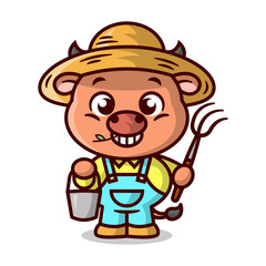 A funny brown cow is wearing farmer costume and bringing a bucket and fork. Cartoon mascot.