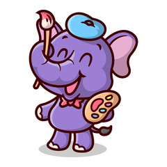 Cute violet elephant is wearing painter hat and bringing a brush and color pallete. Cartoon mascot.