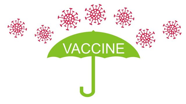 A green umbrella with the inscription - vaccine - shuts us off from the molecules of the covid coronavirus. Drawing symbolizing vaccination