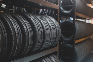 A new tire is placed on the tire storage rack in the tire factory. Be prepared for vehicles that need to change tires. - obrazy, fototapety, plakaty