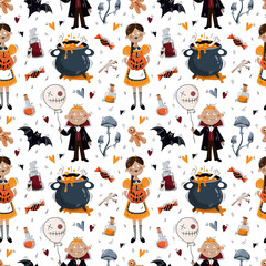 Halloween vector pattern. Seamless pattern of witch girl and vampire boy, skull, ghost, pumpkin, bat, potion jar, pumpkin stuffed animal, poisonous mushrooms, witch shoes on a white background