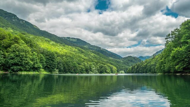 Boats on the Lake Biograd - Biogradsko jezero, Biogradska Gora national park, Montenegro. Timelapse 4K.