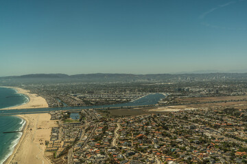 aerial view of Los Angeles area along the coastline from Venice beach till Santa Monica beach and...