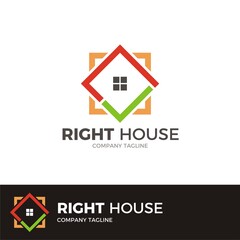 Fototapeta premium Vector illustration of simple green check mark and square shape for housing logo design