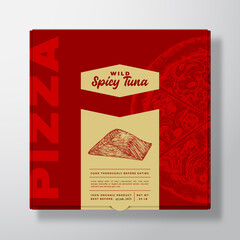Pizza with Seafood Tuna Realistic Cardboard Box Mockup. Abstract Vector Packaging Design or Label. Modern Typography, Sketch Food and Color Paper Background Layout. Isolated