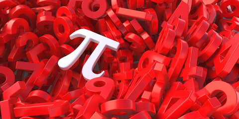 Pi, Greek letter, constant irrational number. White color pi on red numbers stack, 3d illustration