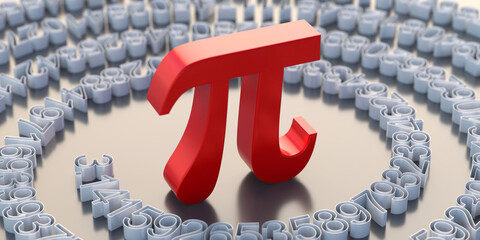 Pi symbol and number digits. Greek letter, mathematical sign and decimal sequence. 3d illustration - obrazy, fototapety, plakaty