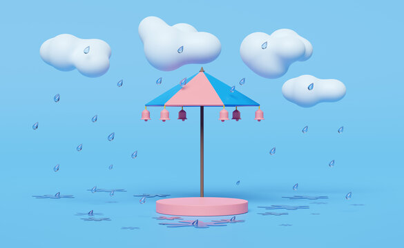 stage podium empty with umbrella,cloud,drop rain water,notification bell isolated on blue background,protection and security concept ,3d illustration or 3d render