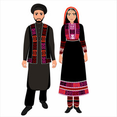 Woman and man in folk national Afghan costumes. Vector illustration