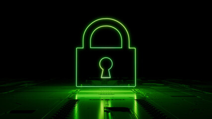 Green neon light lock icon. Vibrant colored Security technology symbol, on a black background with high tech floor. 3D Render