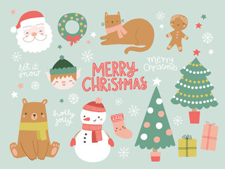 Cute Christmas cartoon vector design elements. Christmas and winter illustrations in hand-drawn style.