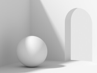 Minimal geometric still-life installation with white sphere
