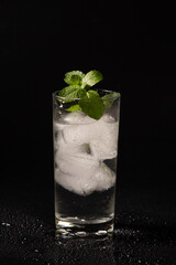 Glass of water with a branch of fresh mint on a dark background
