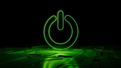 Green neon light power icon. Vibrant colored Activate technology symbol, on a black background with high tech floor. 3D Render