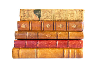 Stack of old books on white background