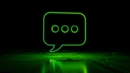 Green Text Technology Concept with sms symbol as a neon light. Vibrant colored icon, on a black background with high tech floor. 3D Render
