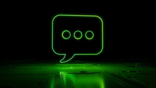 Green Text Technology Concept with sms symbol as a neon light. Vibrant colored icon, on a black background with high tech floor. 3D Render