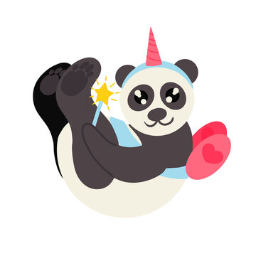 Cute playful panda in a fairy costume with a magic wand on a white background. Vector illustration. Design element