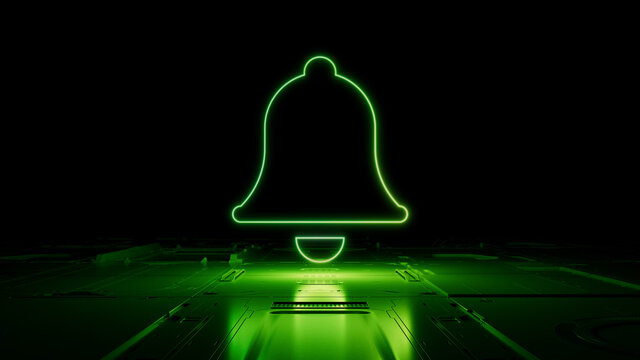Green neon light bell icon. Vibrant colored Alert technology symbol, on a black background with high tech floor. 3D Render
