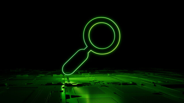 Green Search Technology Concept with Magnifier symbol as a neon light. Vibrant colored icon, on a black background with high tech floor. 3D Render