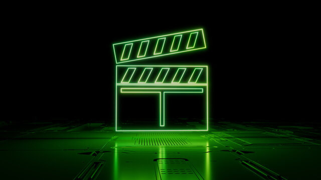 Green neon light movie icon. Vibrant colored Entertainment technology symbol, on a black background with high tech floor. 3D Render