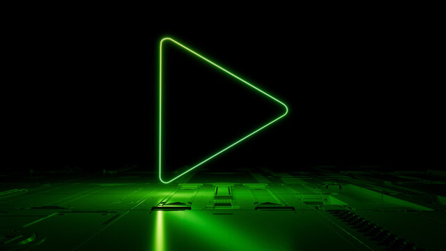 Green neon light play icon. Vibrant colored Media technology symbol, on a black background with high tech floor. 3D Render