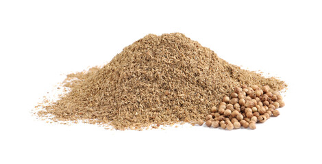 Powdered coriander and corns isolated on white