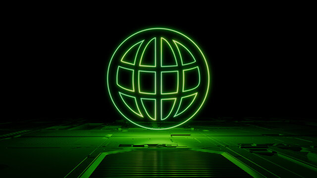 Green neon light web icon. Vibrant colored Internet technology symbol, on a black background with high tech floor. 3D Render