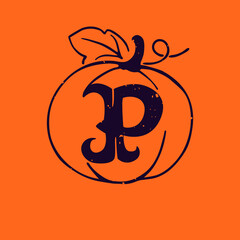 P letter logo in pumpkin with grunge texture. - obrazy, fototapety, plakaty